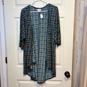 LuLaRoe‎ Sarah Cardigan Small Teal Geometric Print Open Front Duster